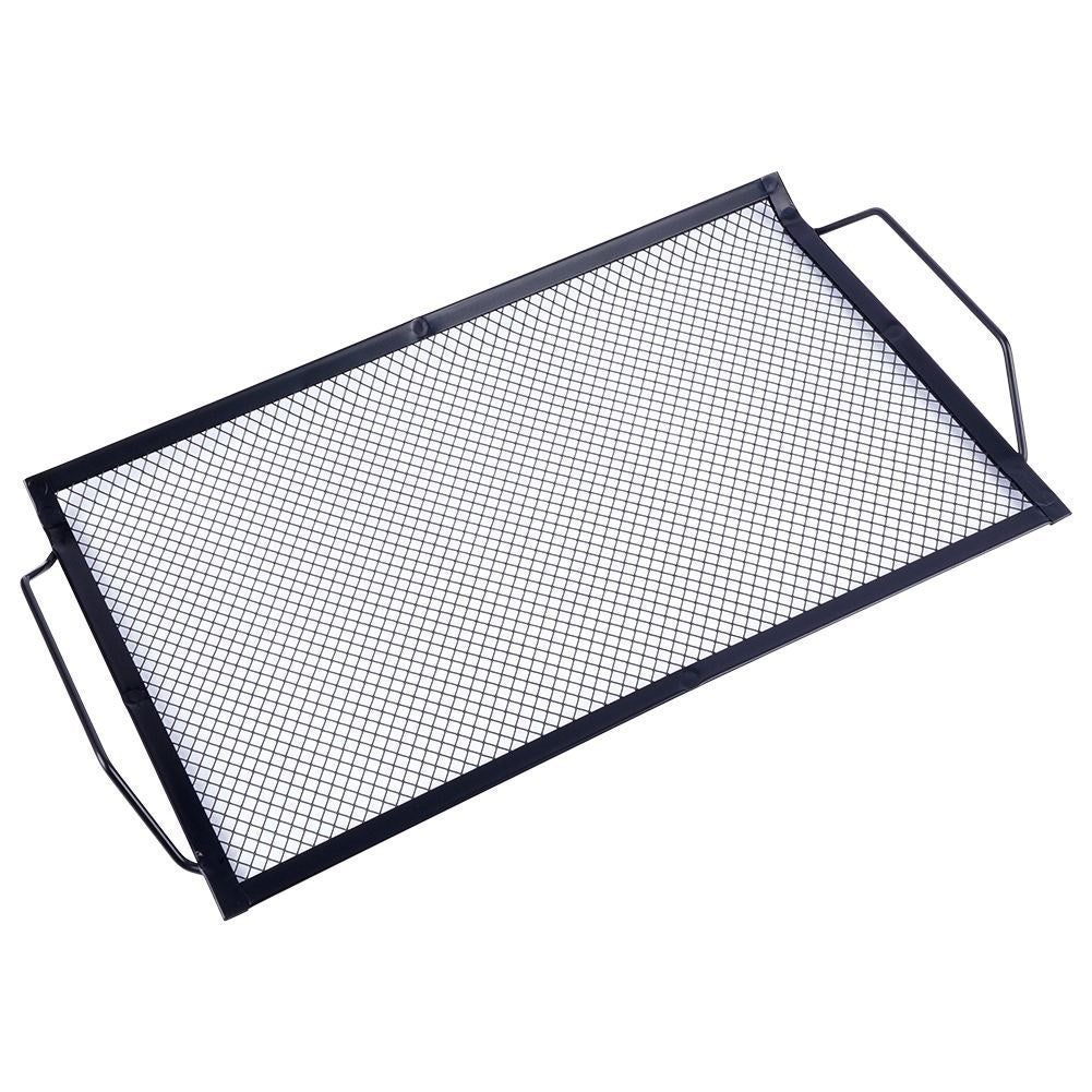 Perforated grill plate in black metal for meat and vegetables