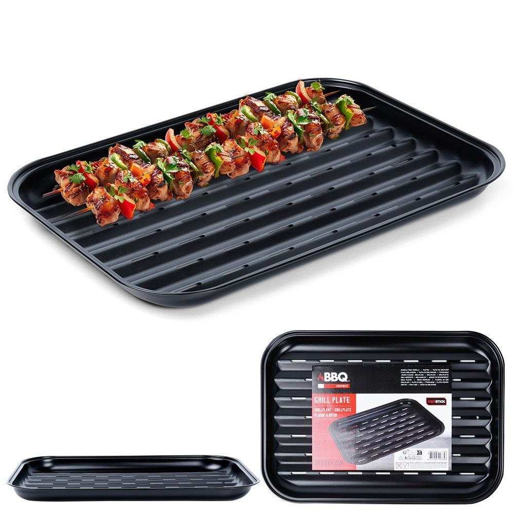 Perforated grill plate with non-stick for environmentally friendly grilling