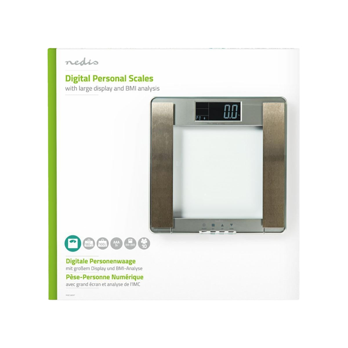 Personal scale | Digital | Silver | Tempered Glass | Maximum weighing capacity: 180 kg | Body analysis