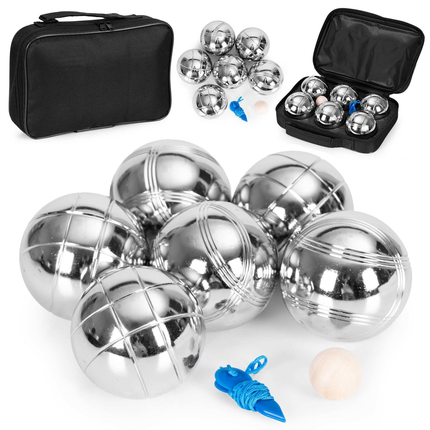 Petanque Boules Set, 6 Chrome Balls, Case & Accessories