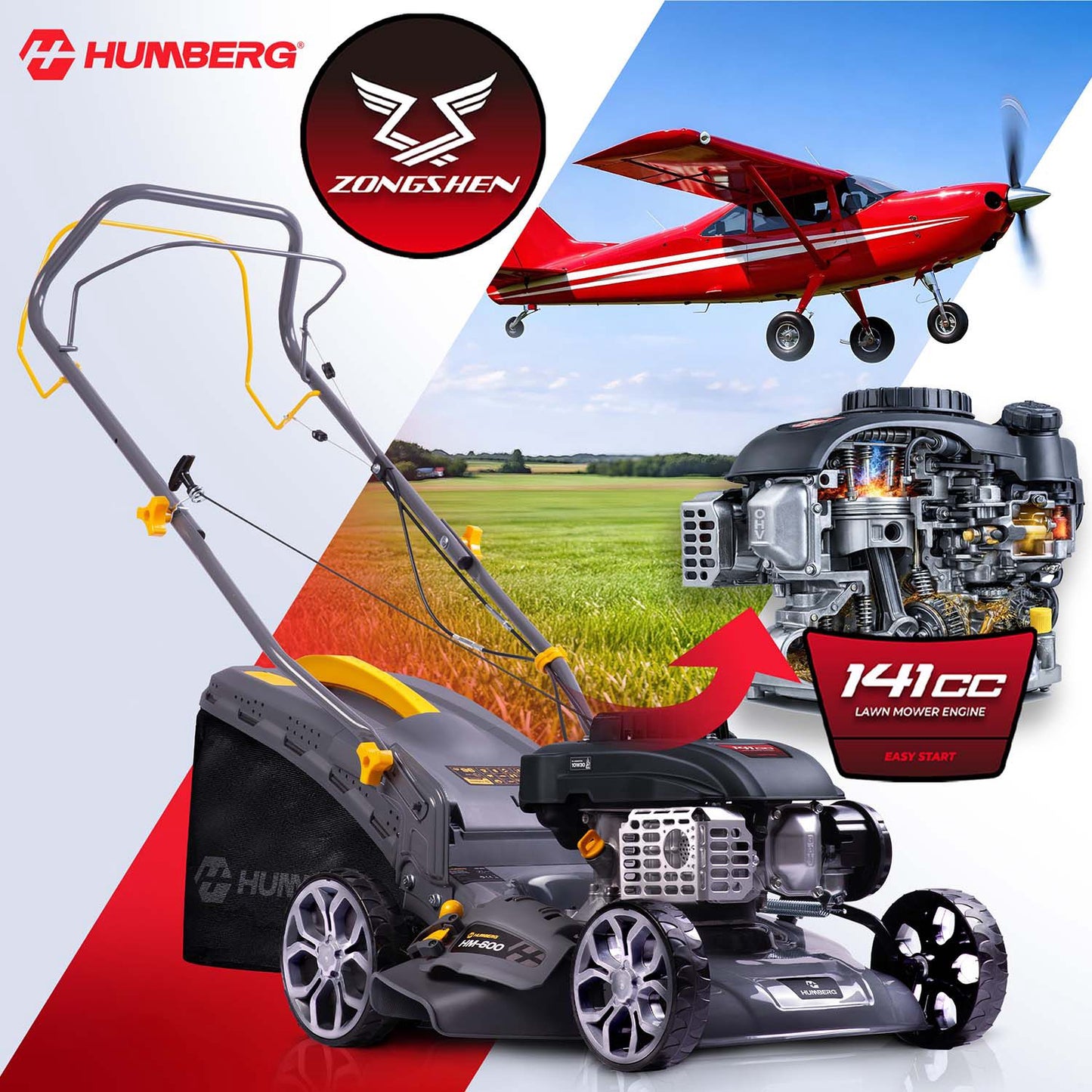 Petrol Lawn Mower with Drive, 40 cm, 45 L, 141cc Engine