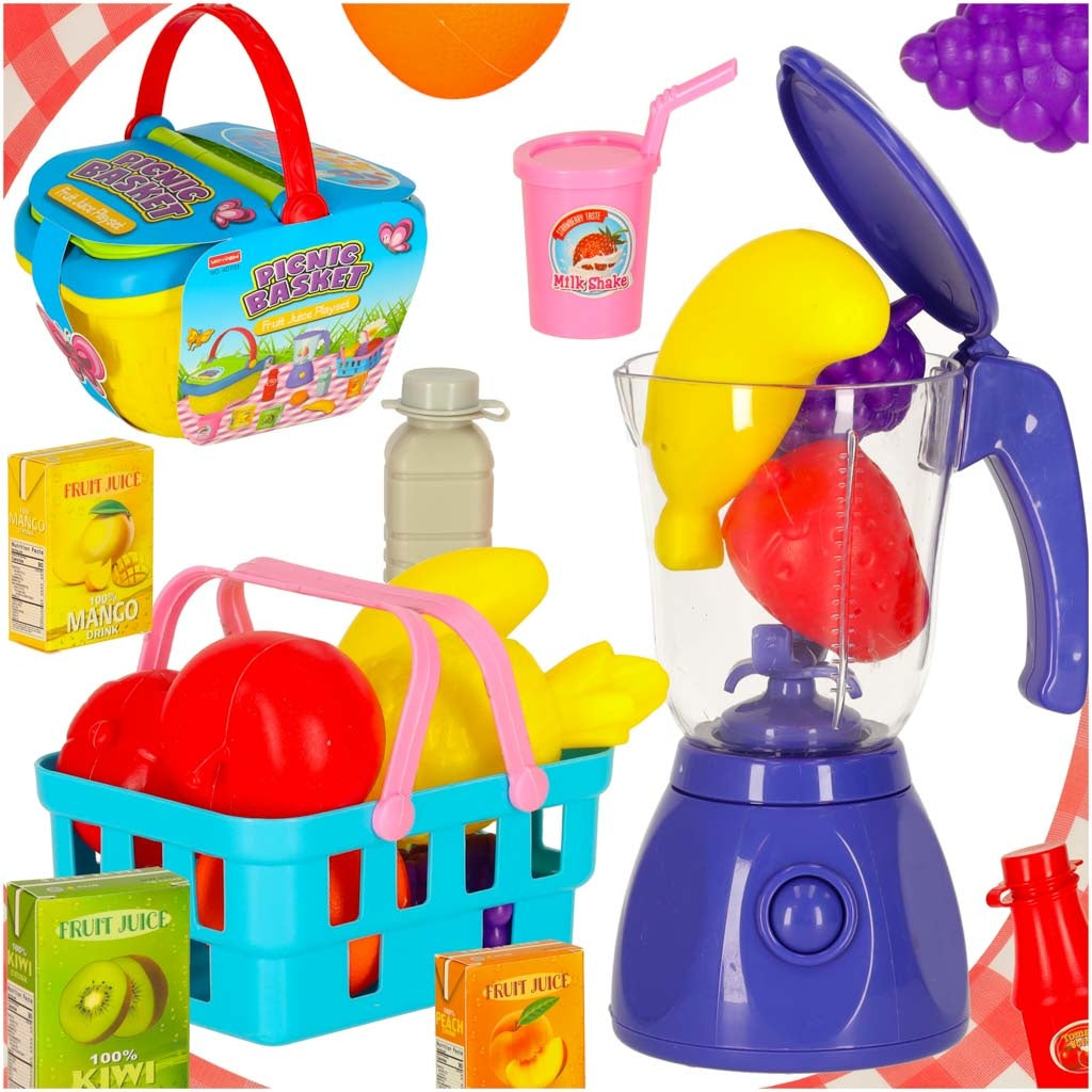 Picnic basket fruit juices drinks food toys