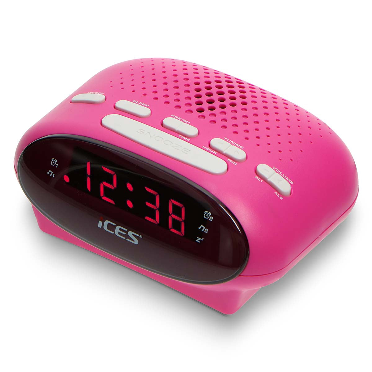 Pink FM Clock Radio with Dual Alarms and Snooze Function