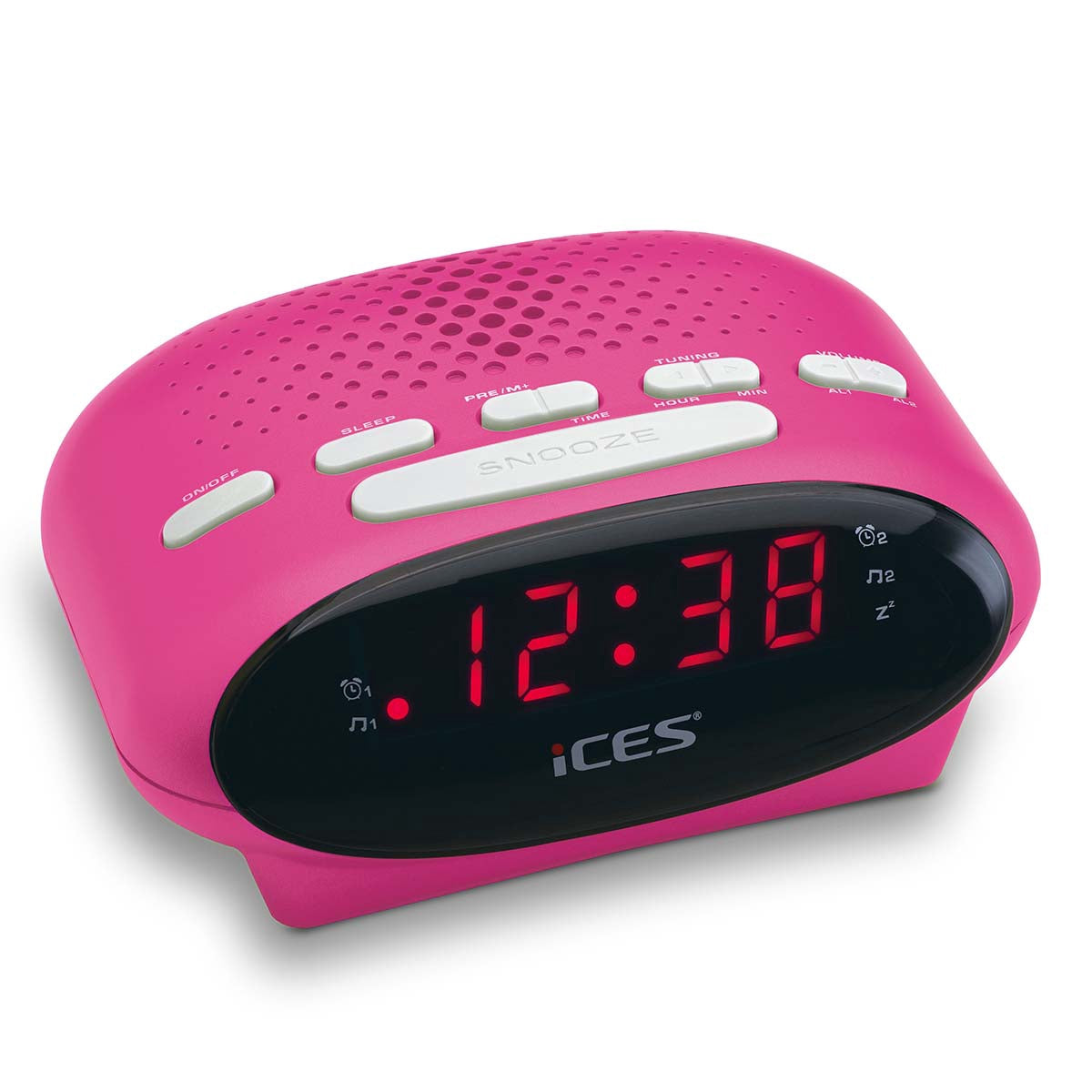 Pink FM Clock Radio with Dual Alarms and Snooze Function