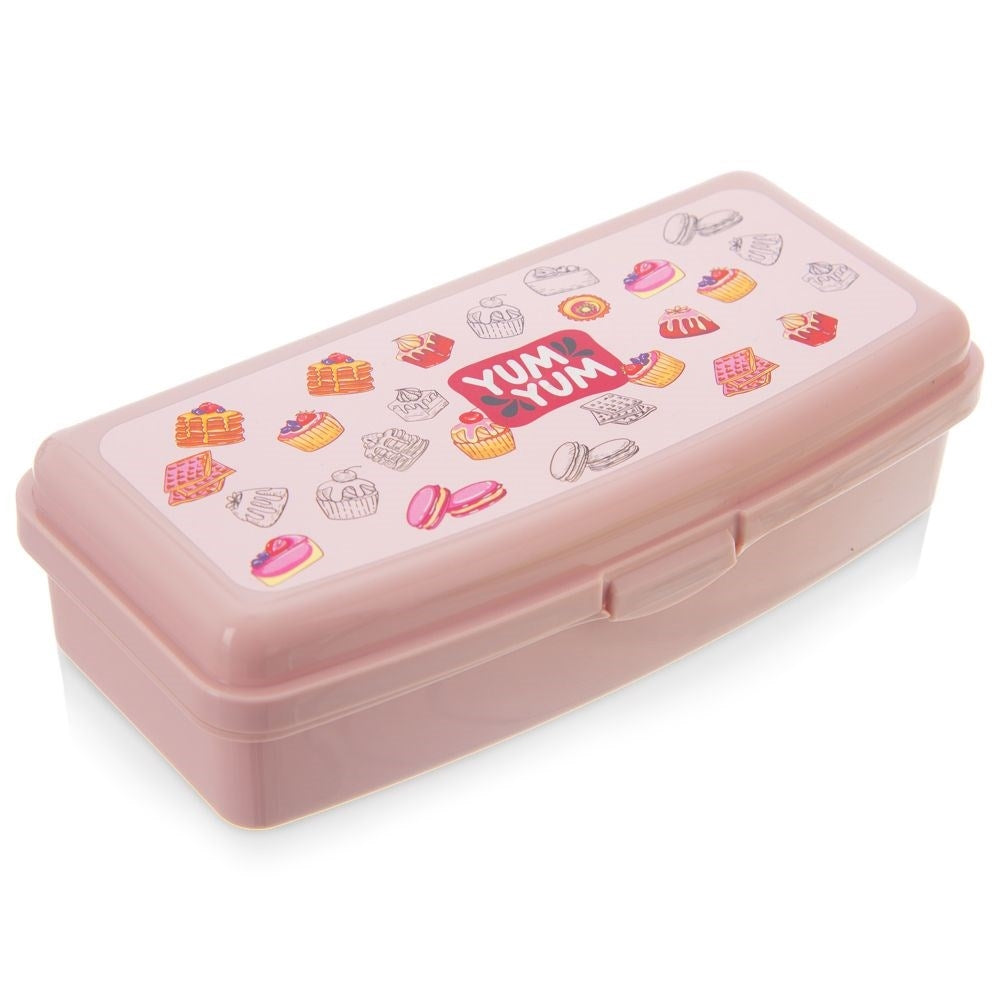 Pink Lunch Box with Charming Cake Motif and Clip Closure