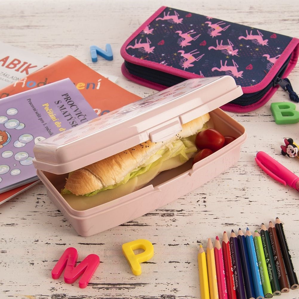 Pink Lunch Box with Charming Cake Motif and Clip Closure