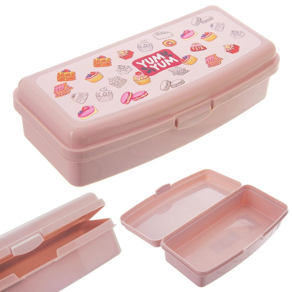 Pink Lunch Box with Charming Cake Motif and Clip Closure