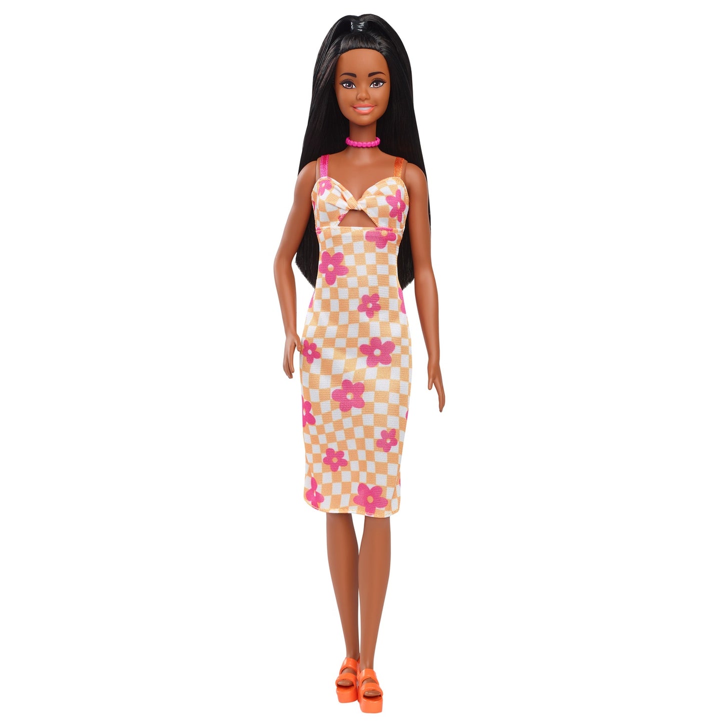 Pink & Orange Check Dress with Necklace & Heels