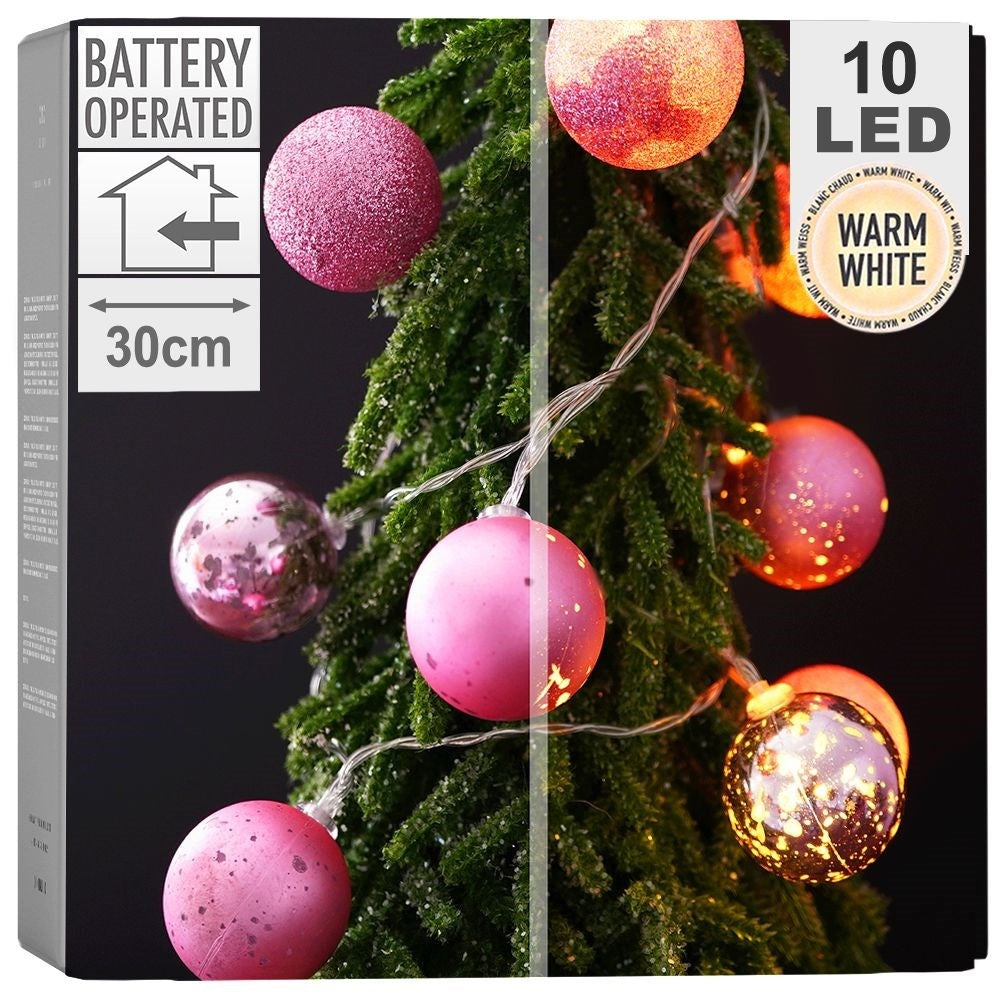 Pink glowing Christmas tree balls: matte, glittery, shiny, LED