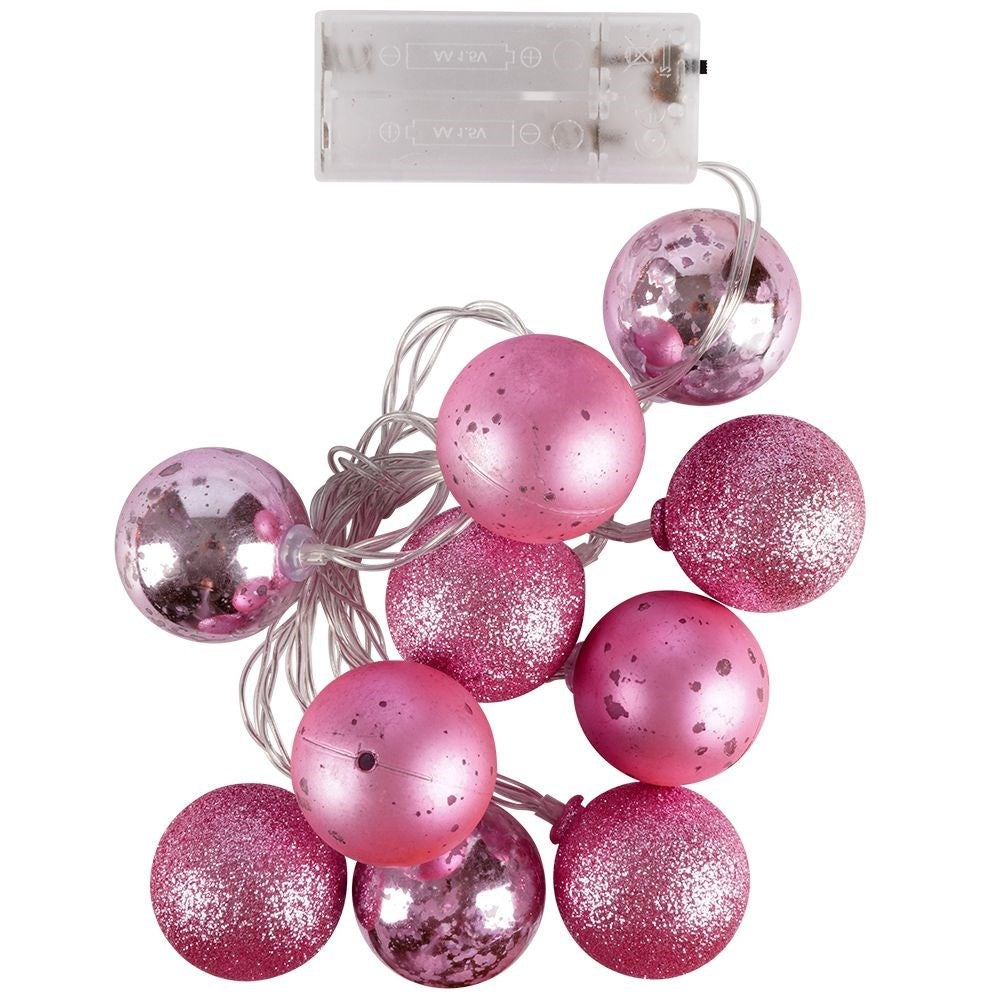 Pink glowing Christmas tree balls: matte, glittery, shiny, LED