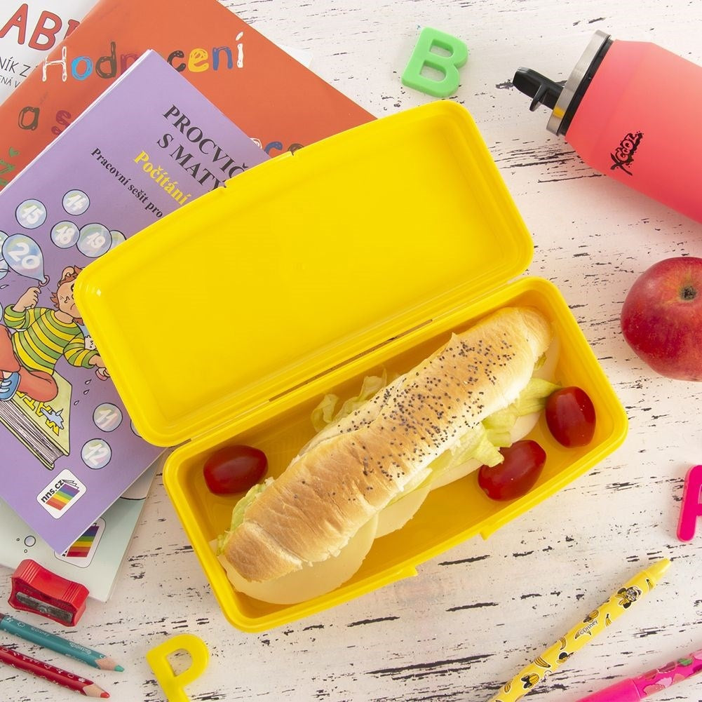 Pink lunch box with clip closure and cake motif