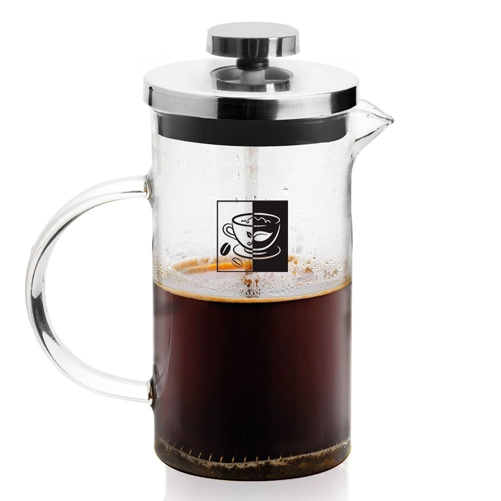 Pitcher-shaped glass brewer with strainer for coffee, tea and milk frothing