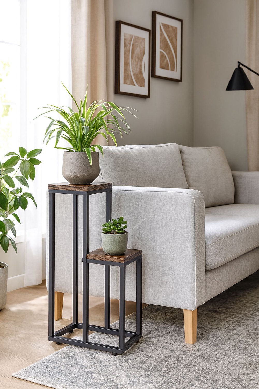 Plant Stand with 2 Shelves, Steel Frame, Anti-Slip Feet