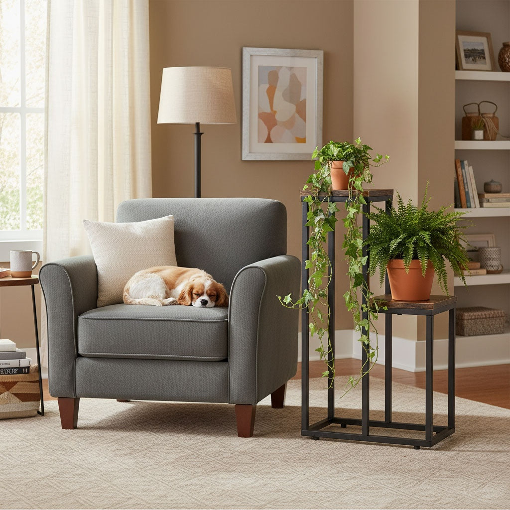 Plant Stand with 2 Shelves, Steel Frame, Anti-Slip Feet