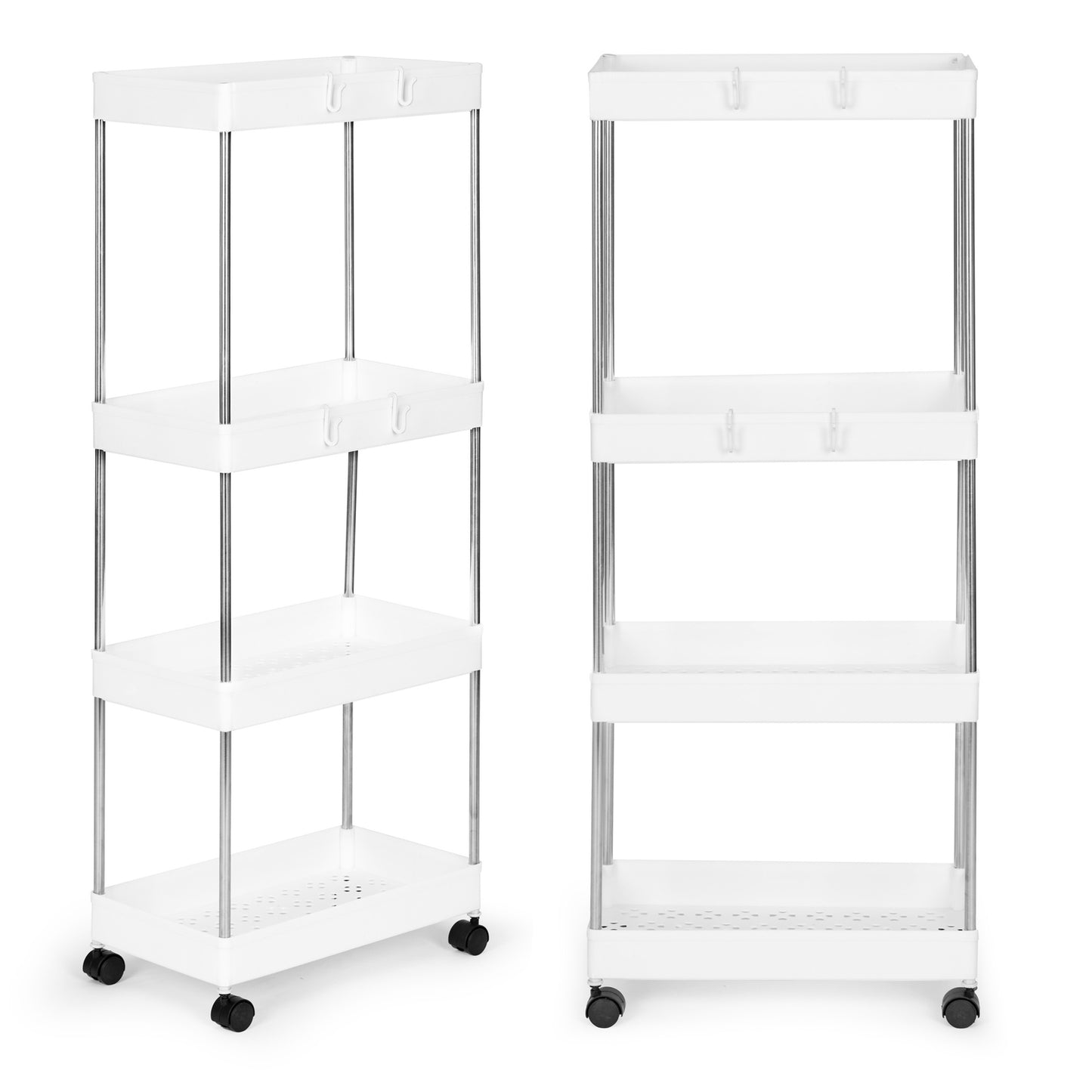 Plastic bathroom shelf stand with 4 shelves and wheels