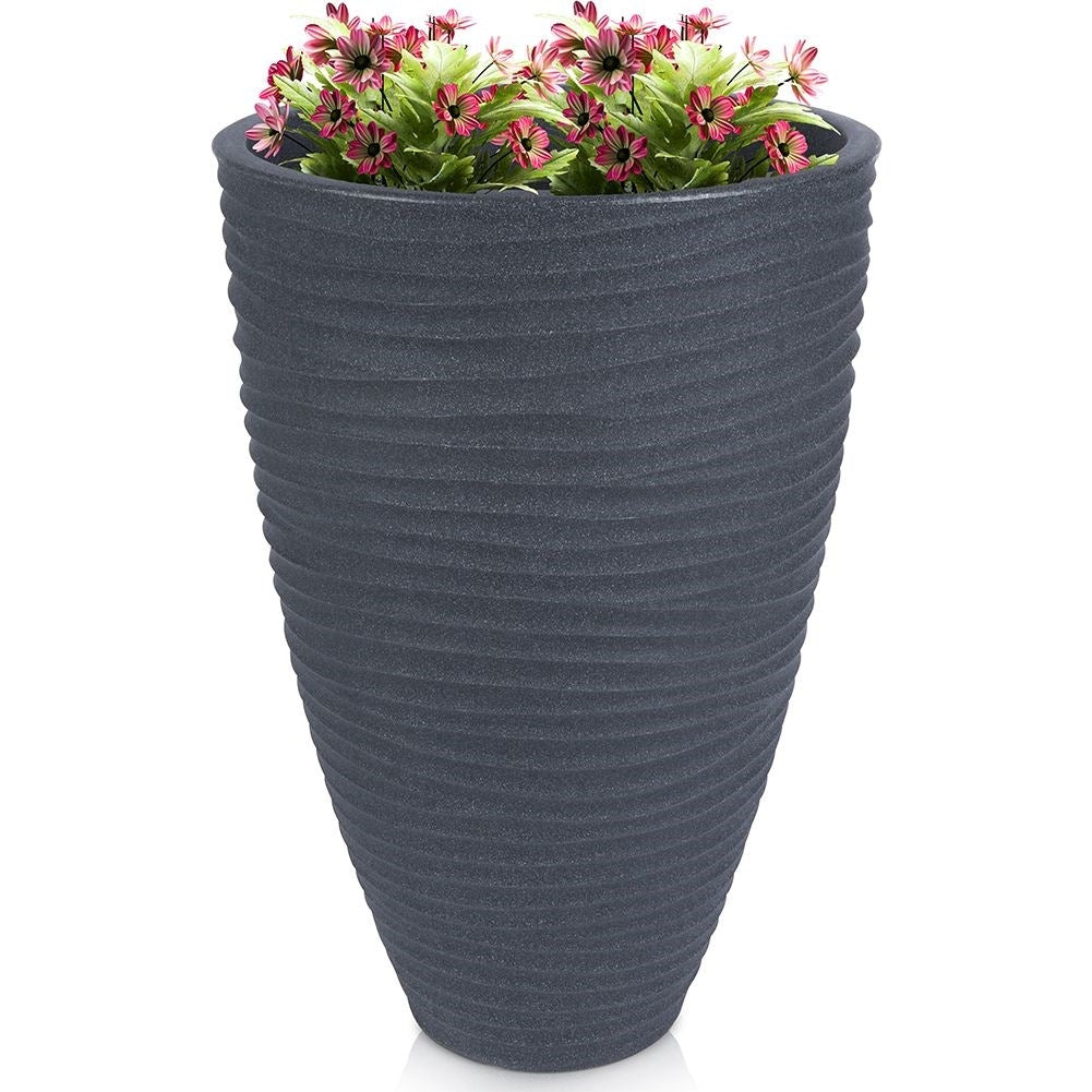 Plastic flower pot in stone imitation, graphite, weatherproof