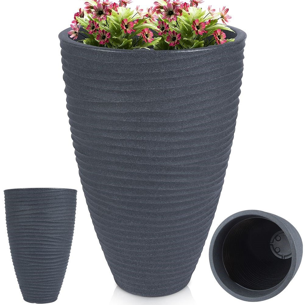Plastic flower pot in stone imitation, graphite, weatherproof