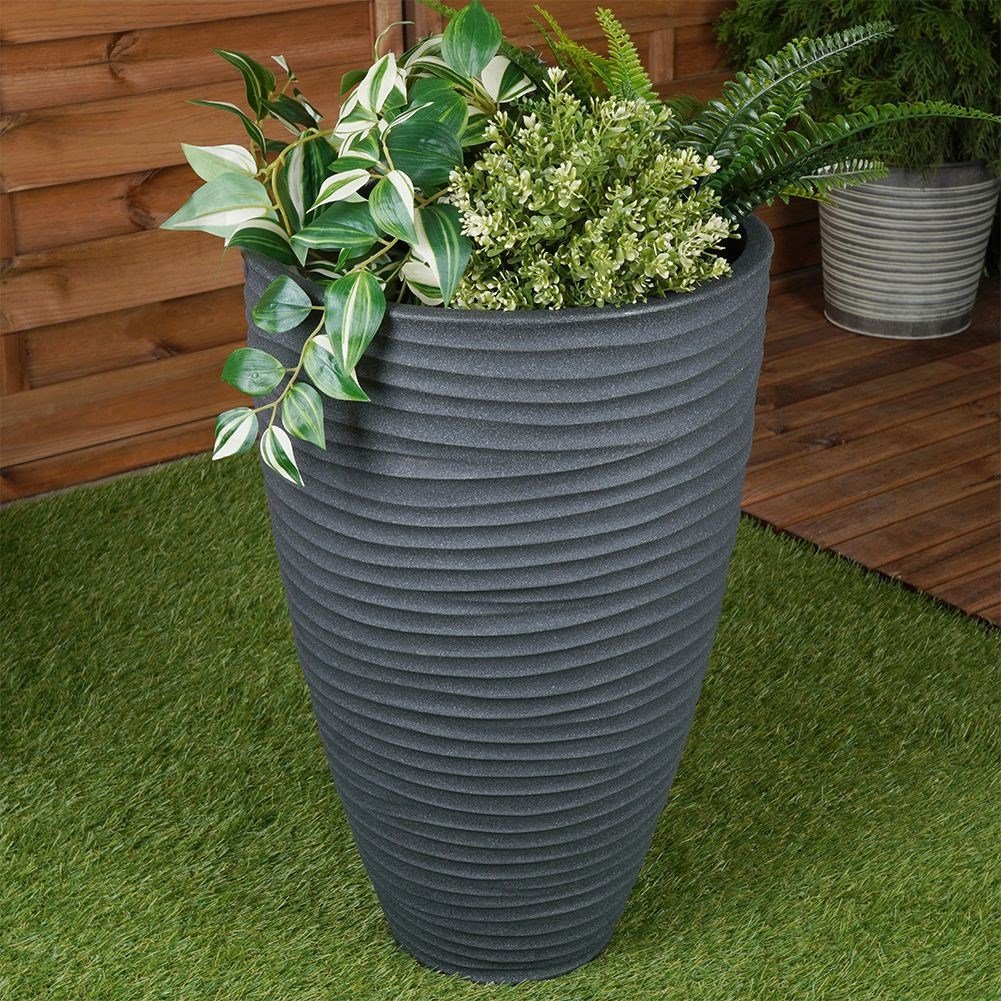 Plastic flower pot in stone imitation, graphite, weatherproof