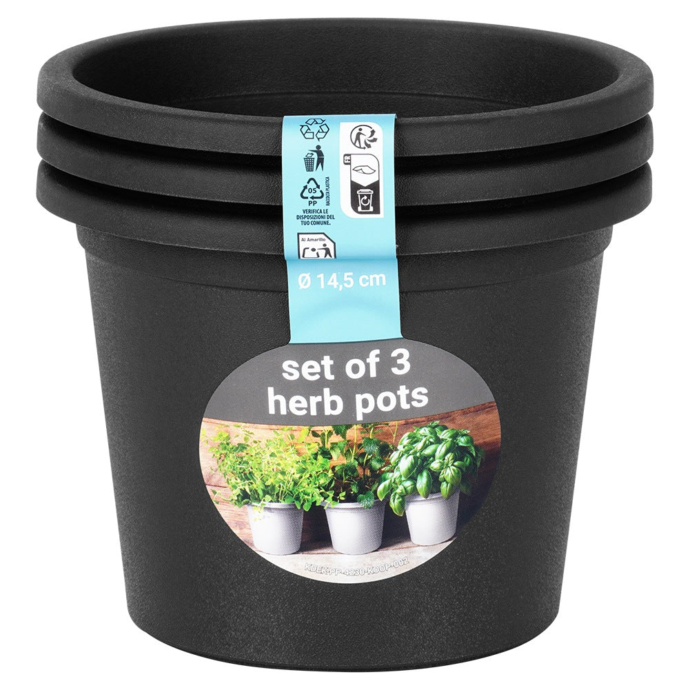 Plastic garden pot, black, round, 14.5 cm, 3 pcs.