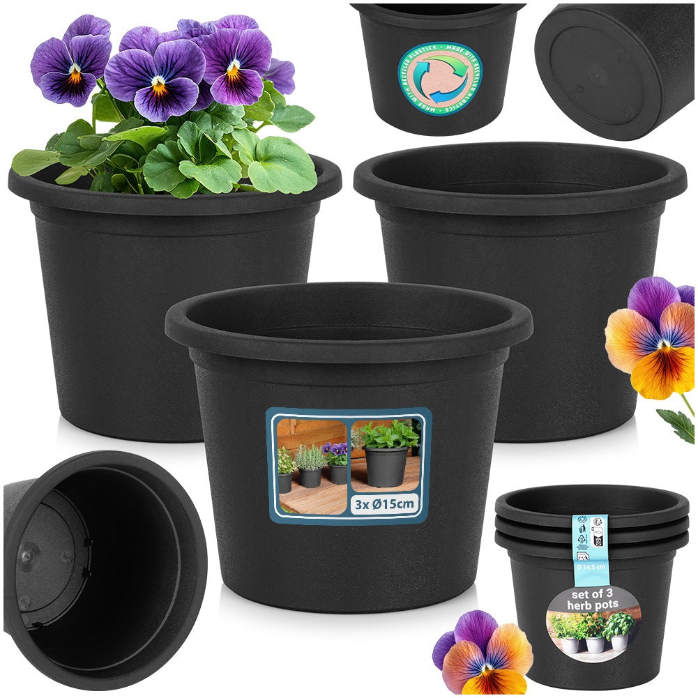 Plastic garden pot, black, round, 14.5 cm, 3 pcs.