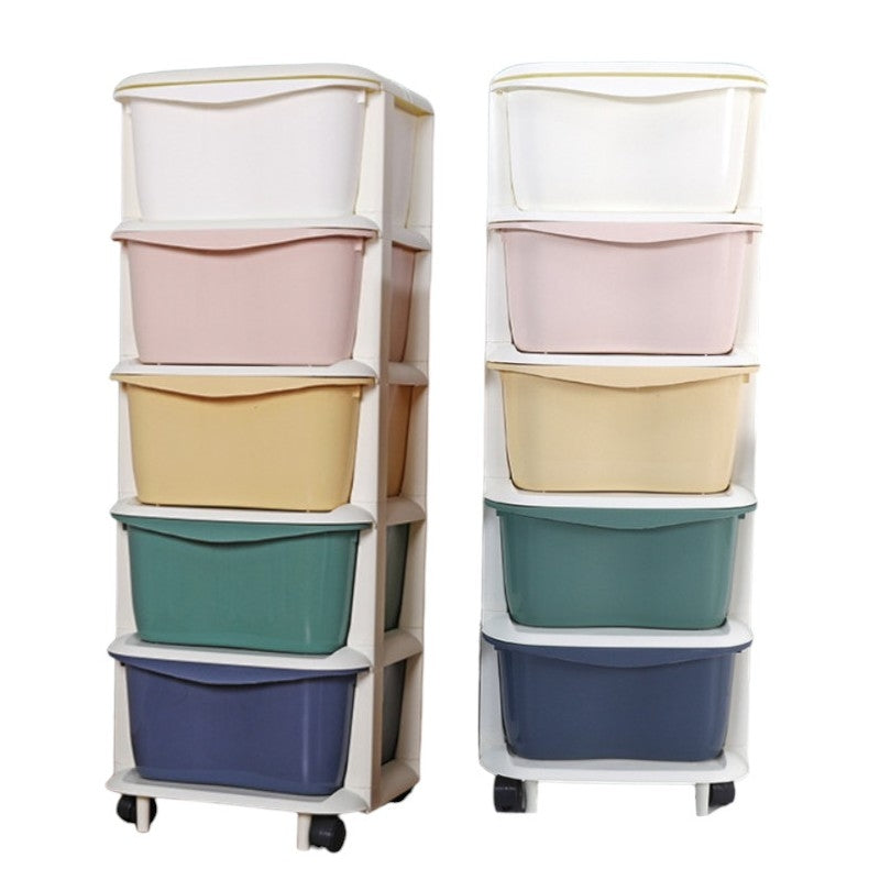 Plastic shelf on wheels for children, cabinet with drawers