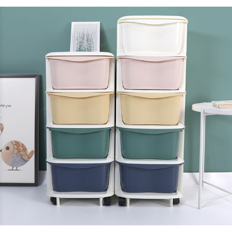 Plastic shelf on wheels for children, cabinet with drawers