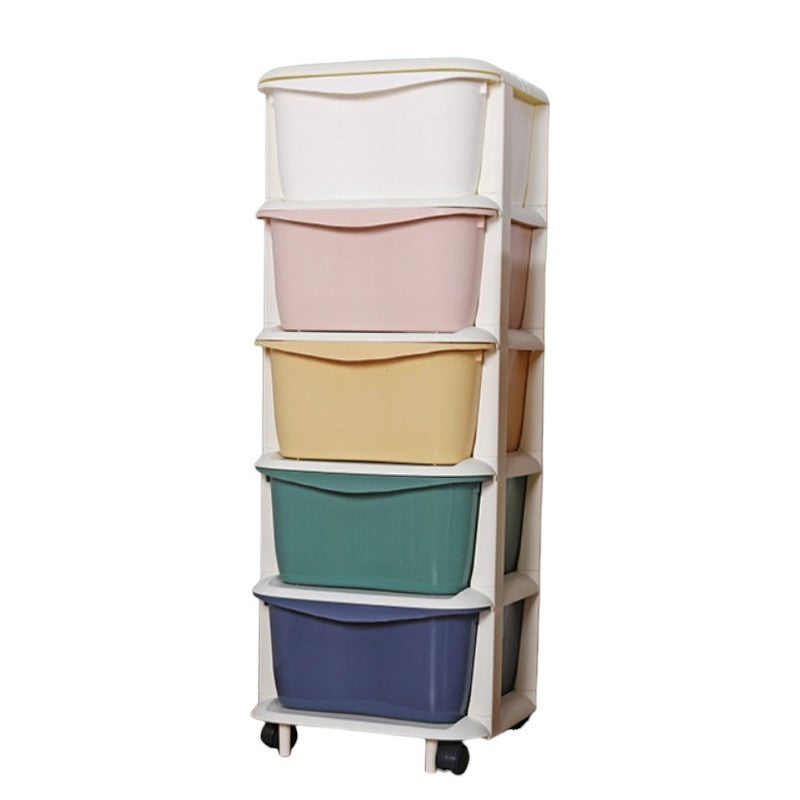 Plastic shelf on wheels for children, cabinet with drawers