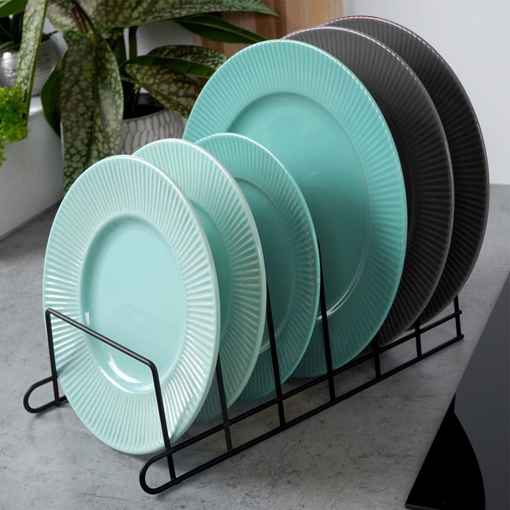 Plate organizer in black metal for easy storage