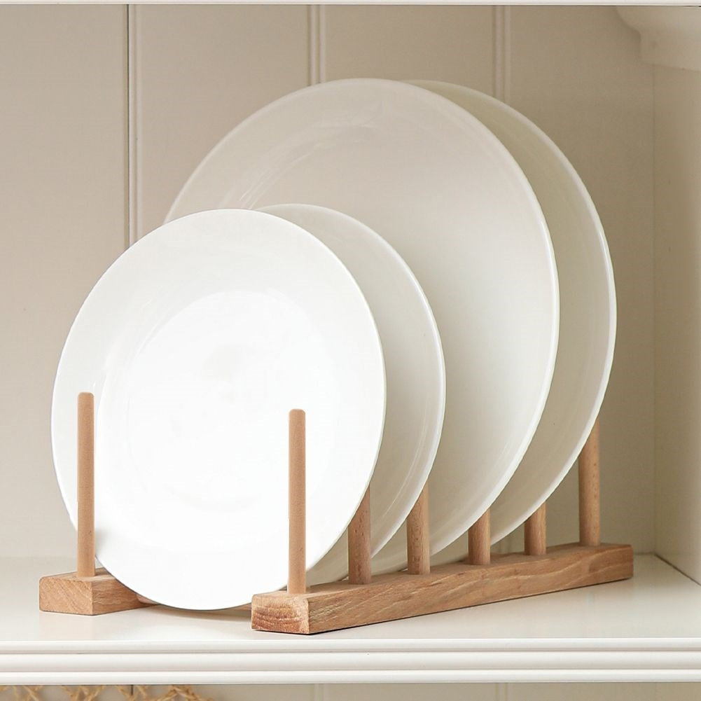 Plate organizer in natural wood for 8 plates