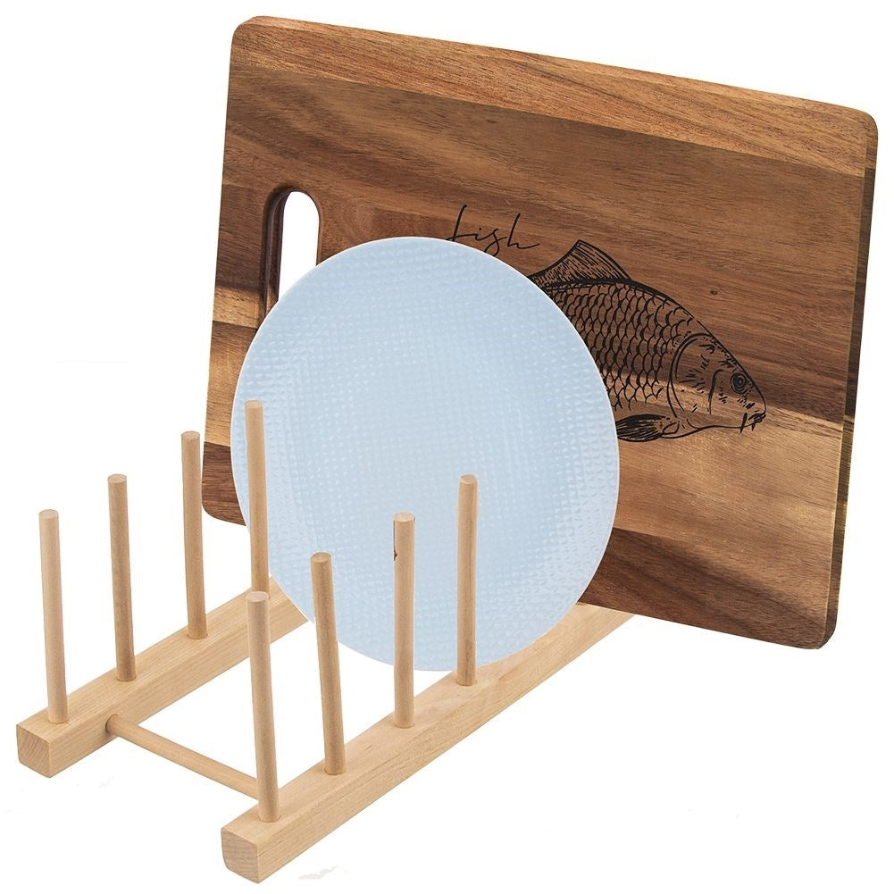 Plate organizer in natural wood for 8 plates