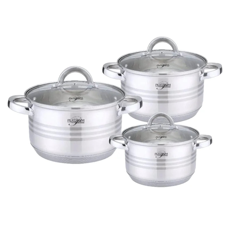 Platinum Cookware PL-10011: 6 Pieces S/S Cooking Pots with Stripe Accent -16/18/20cm