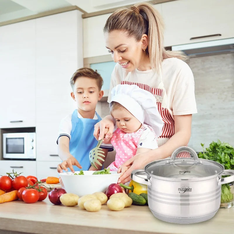 Platinum Cookware PL-10011: 6 Pieces S/S Cooking Pots with Stripe Accent -16/18/20cm