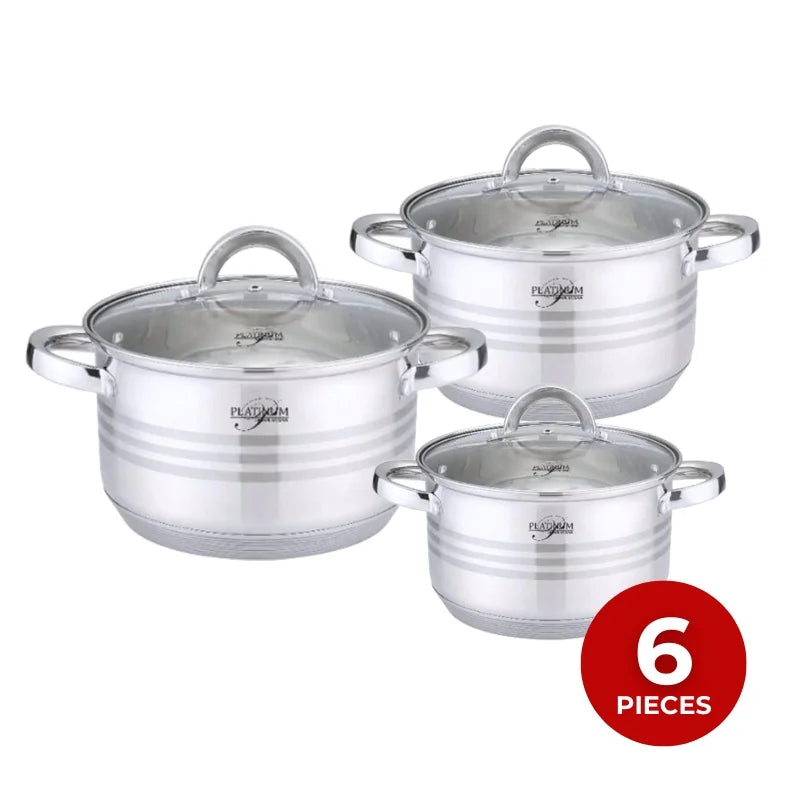 Platinum Cookware PL-10011: 6 Pieces S/S Cooking Pots with Stripe Accent -16/18/20cm