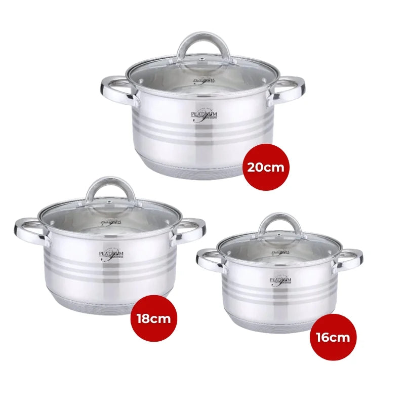Platinum Cookware PL-10011: 6 Pieces S/S Cooking Pots with Stripe Accent -16/18/20cm