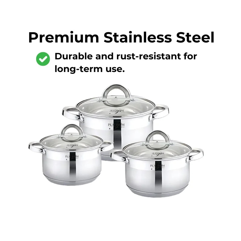 Platinum Cookware PL-10012: 6 Pieces S/S Cooking Pots -16/18/20cm