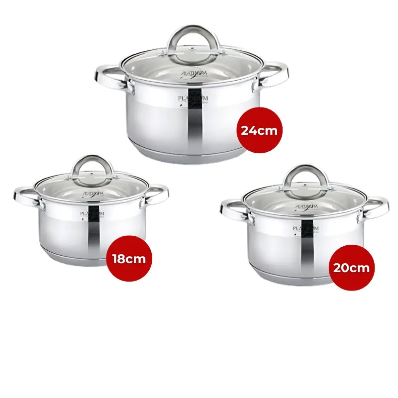 Platinum Cookware PL-10012: 6 Pieces S/S Cooking Pots -16/18/20cm