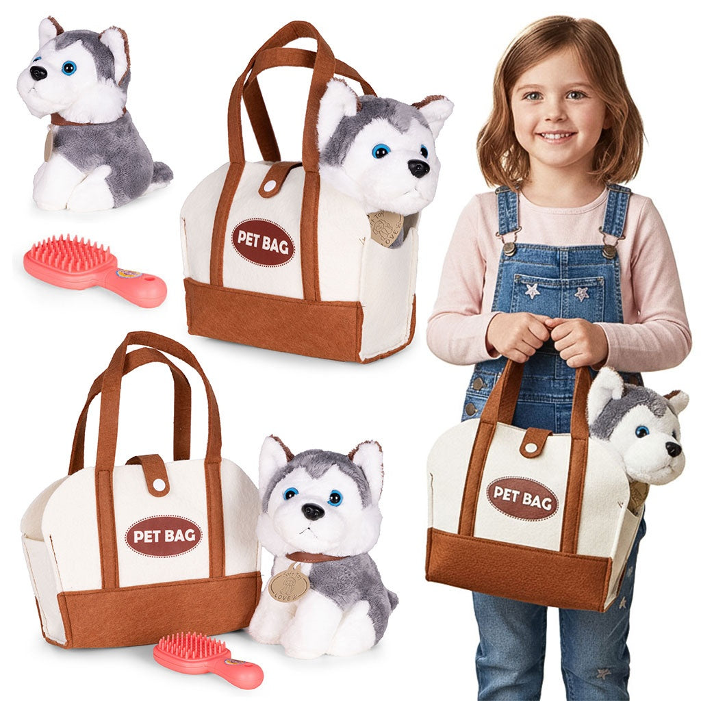 Plush Husky Toy with Bag & Brush for Kids 3+