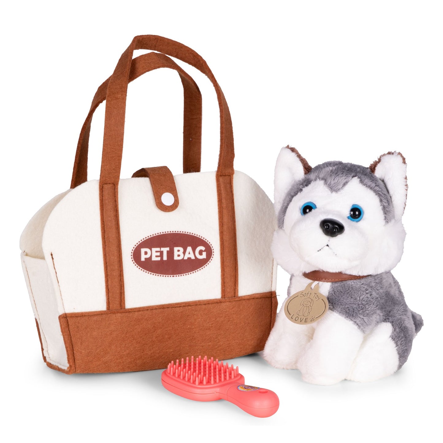 Plush Husky Toy with Bag & Brush for Kids 3+