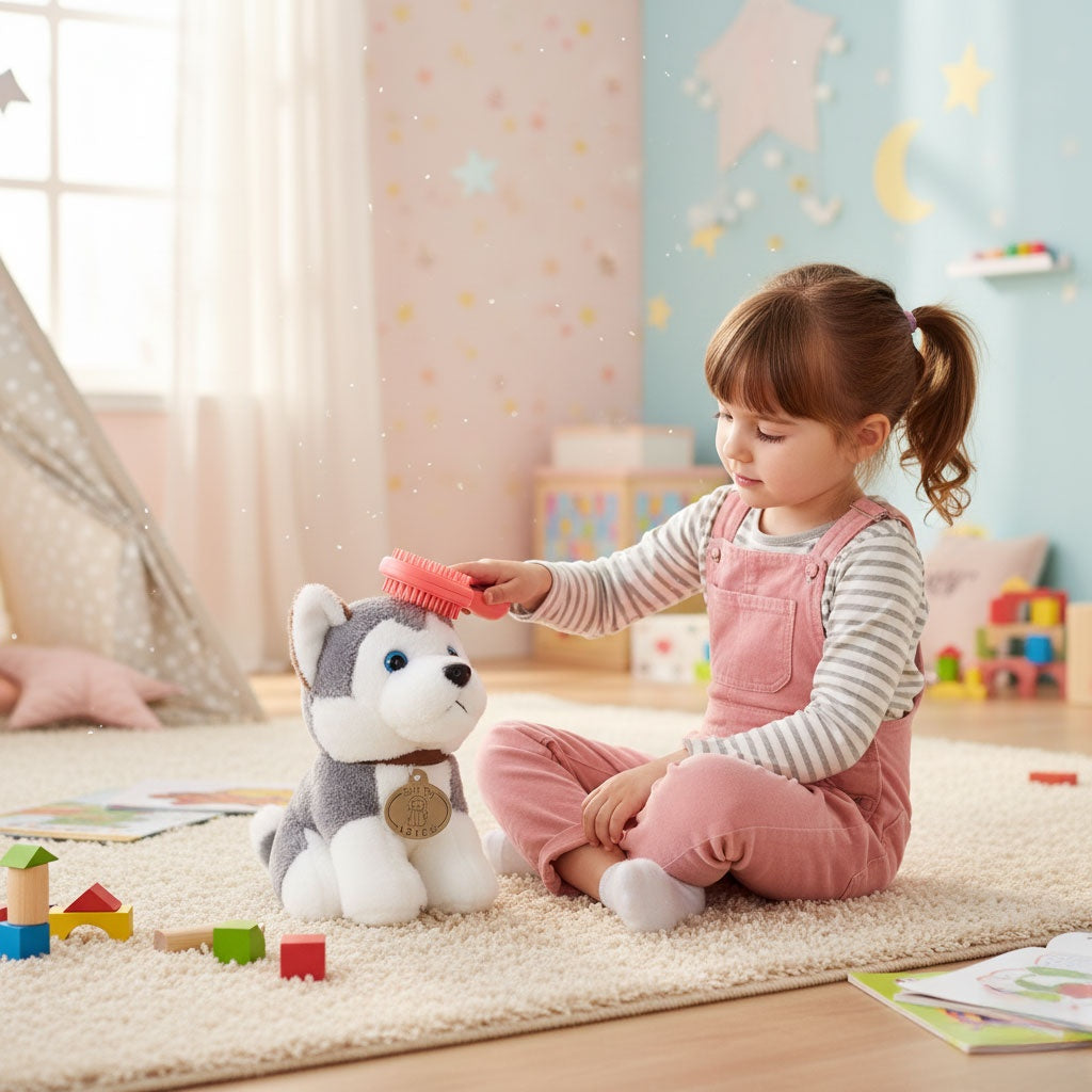 Plush Husky Toy with Bag & Brush for Kids 3+