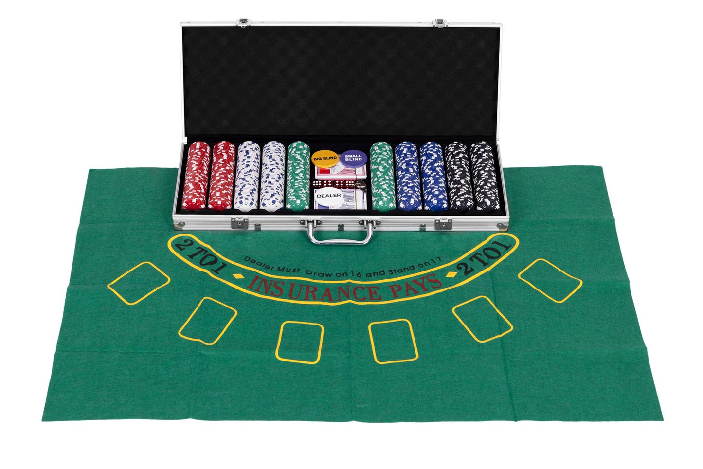 Poker and Blackjack Set – 500 Chips, 2 Decks of Cards, Dice, Playing Mat, Lockable Case