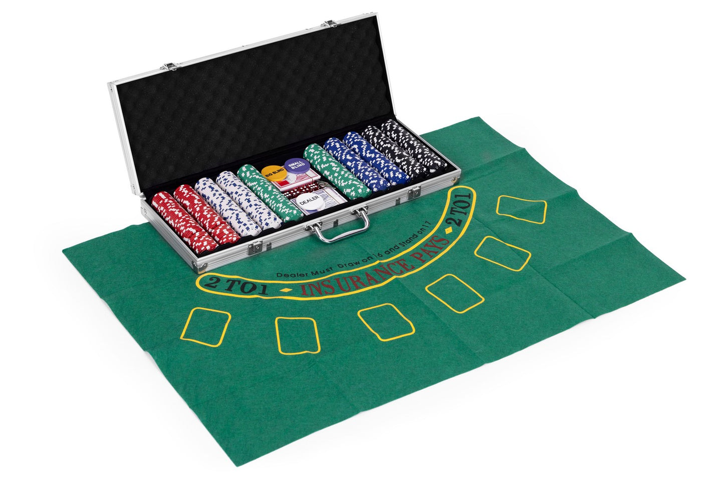 Poker and Blackjack Set – 500 Chips, 2 Decks of Cards, Dice, Playing Mat, Lockable Case