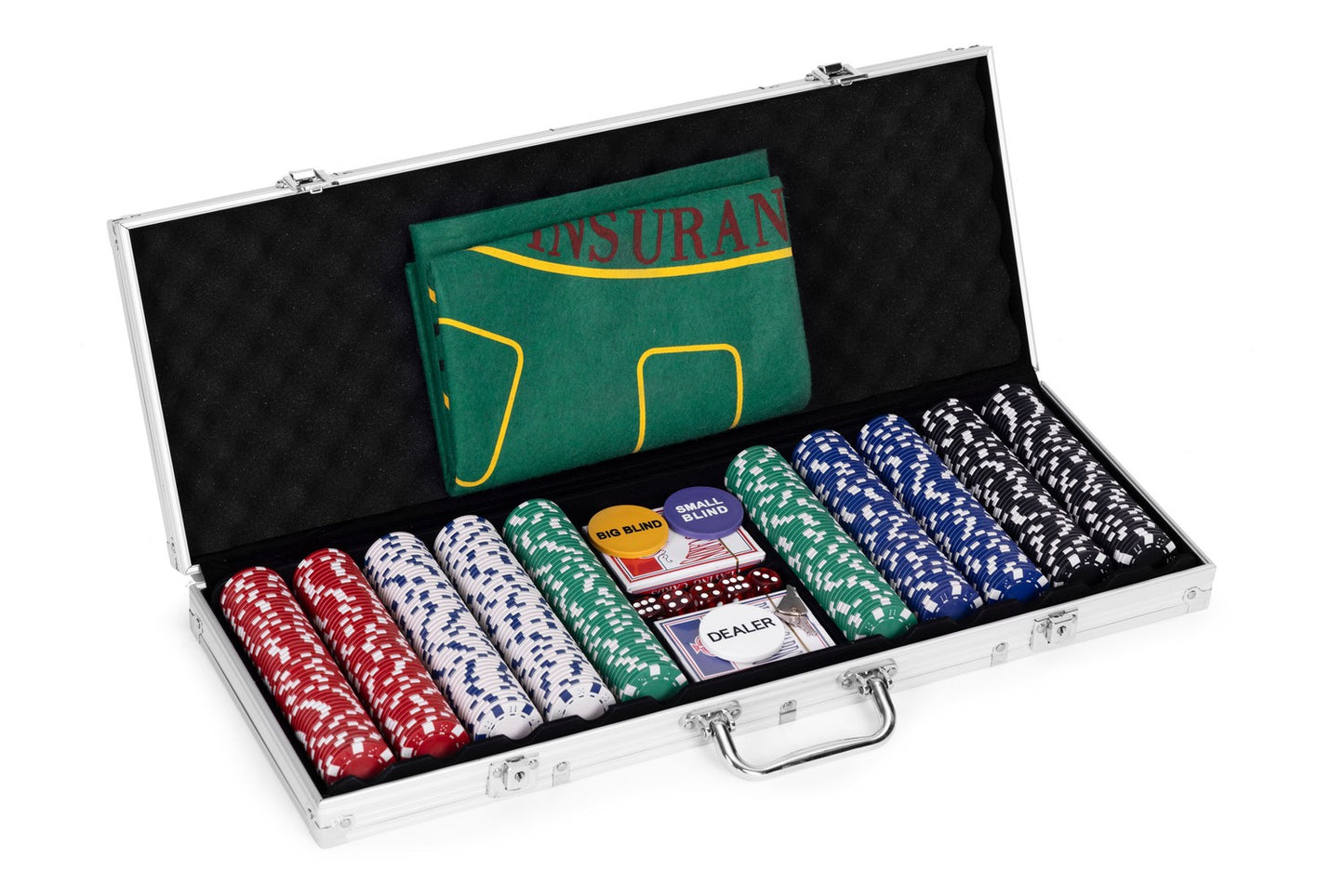 Poker and Blackjack Set – 500 Chips, 2 Decks of Cards, Dice, Playing Mat, Lockable Case