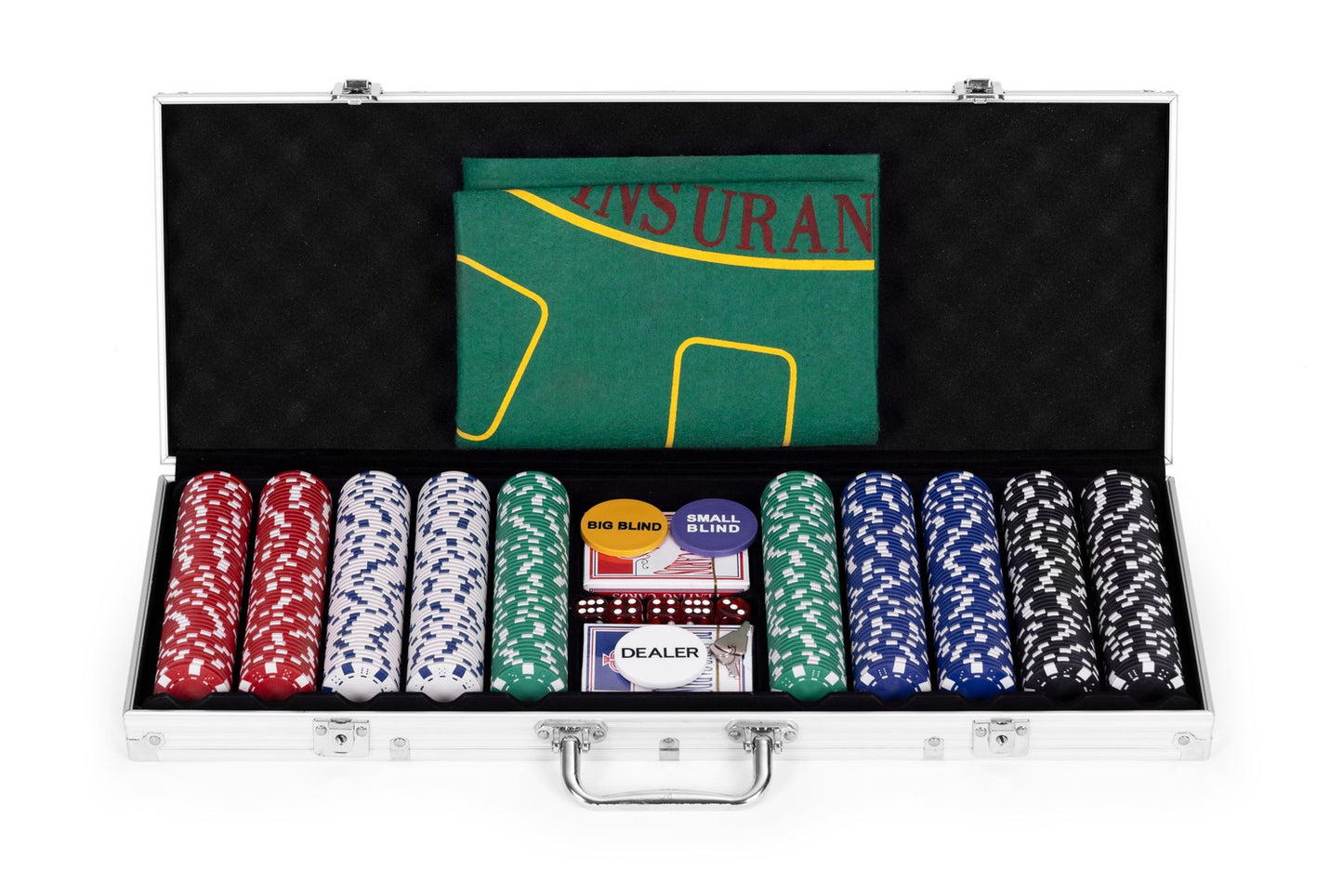 Poker and Blackjack Set – 500 Chips, 2 Decks of Cards, Dice, Playing Mat, Lockable Case