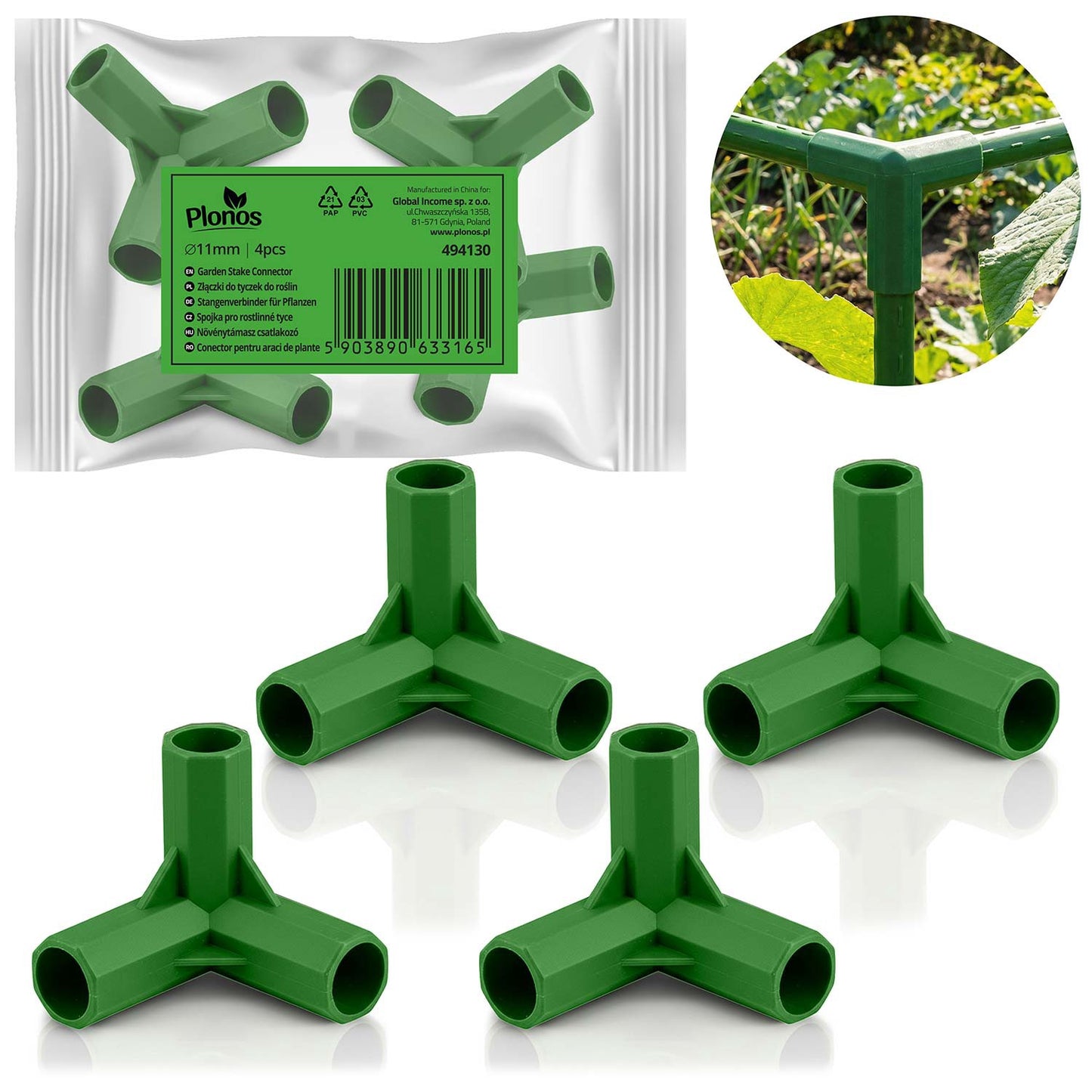 Pole Connectors for 11mm Stakes, Green, Set of 4