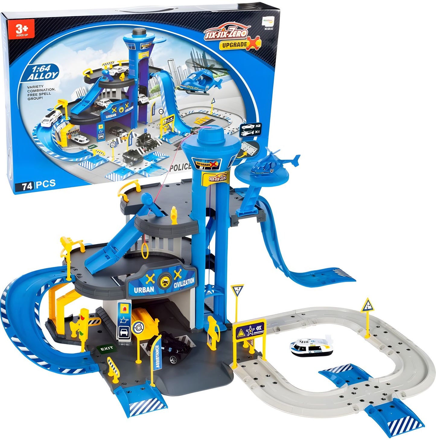 Police station car garage, 3 levels with elevator, cars + helicopter, 74 pieces