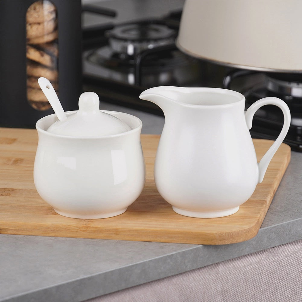 Porcelain Creamer & Sugar Bowl Set, White, 3-Piece