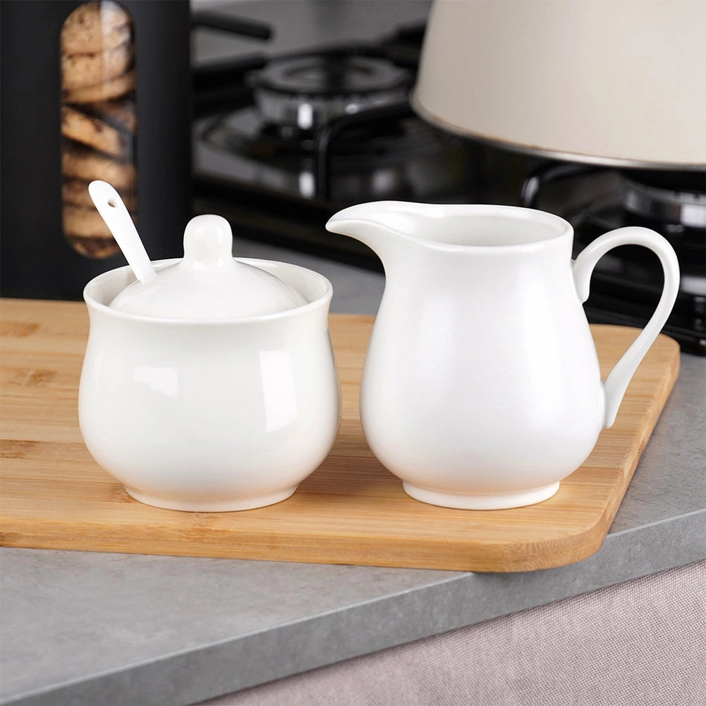 Porcelain Creamer & Sugar Bowl Set, White, 3-Piece