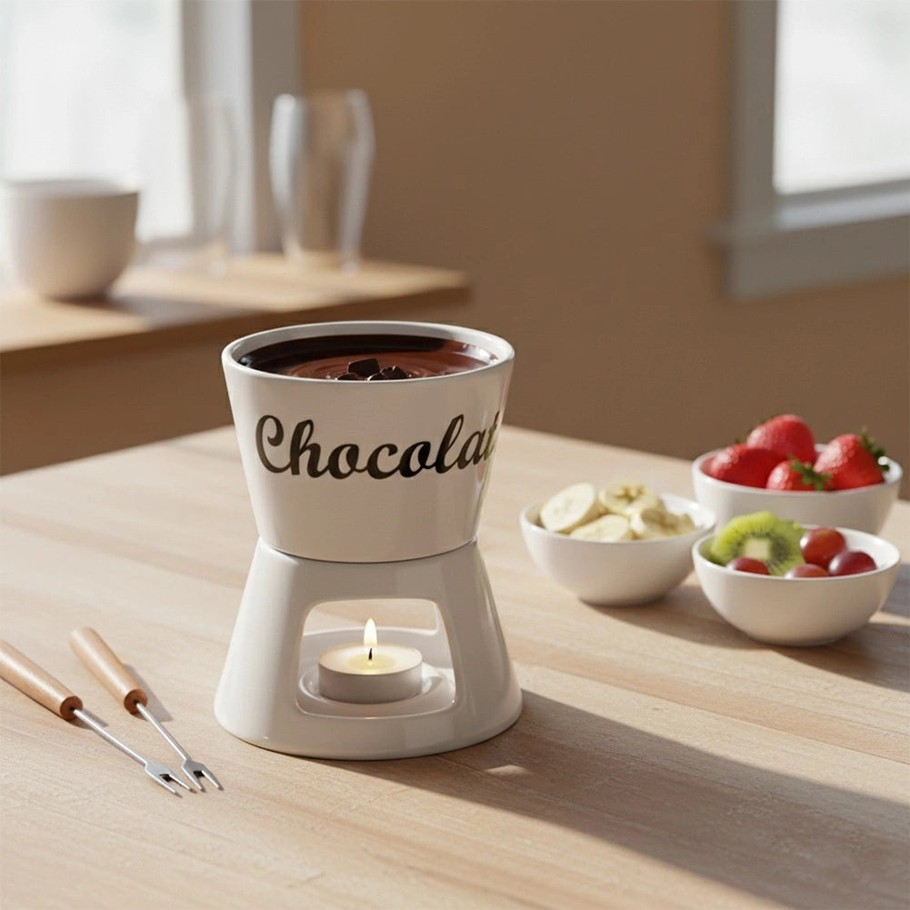 Porcelain Fondue Set, 4 Pcs, 450 ml Bowl, 2 Forks