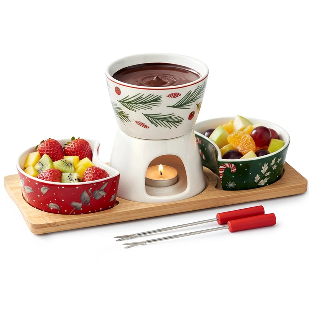 Porcelain Fondue Set with Bamboo Stand, 6 Pieces