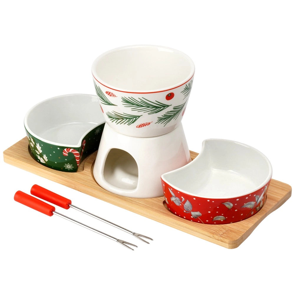 Porcelain Fondue Set with Bamboo Stand, 6 Pieces